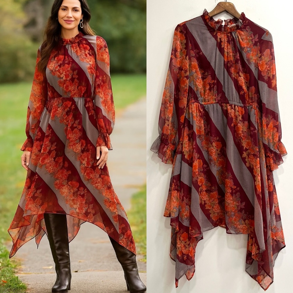 Soft Surroundings Woodland Manor floral asymmetrical midi dress in rosy brown PL